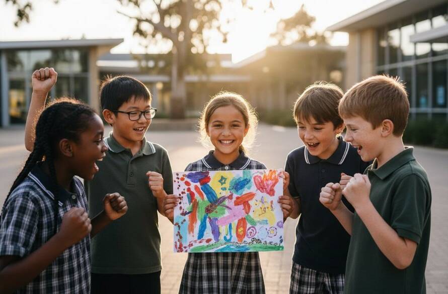 An authentic school photography Doncaster East moment showing a group of diverse primary school children laughing joyfully together on a sunny day in the school playground, captured with dynamic lighting and vibrant colours, reflecting genuine camaraderie and happiness.