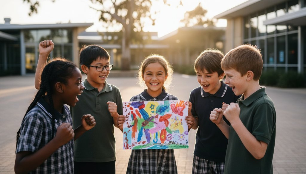 An authentic school photography Doncaster East moment showing a group of diverse primary school children laughing joyfully together on a sunny day in the school playground, captured with dynamic lighting and vibrant colours, reflecting genuine camaraderie and happiness.