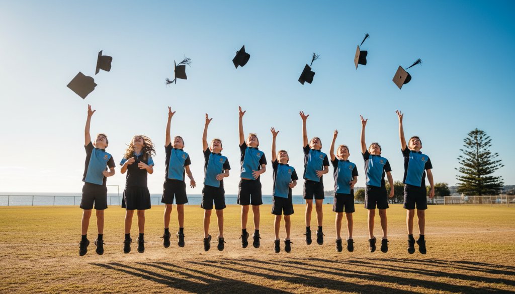Authentic school photography Hampton VIC capturing student joy: A wide-angle, vibrant, professionally colour-graded photograph of a group of primary school children in Hampton, Victoria, joyfully cheering and throwing their graduation caps in the air on the school oval, with the iconic Hampton beach visible subtly in the background under a warm, golden hour sun, dramatic backlighting highlighting their youthful excitement.