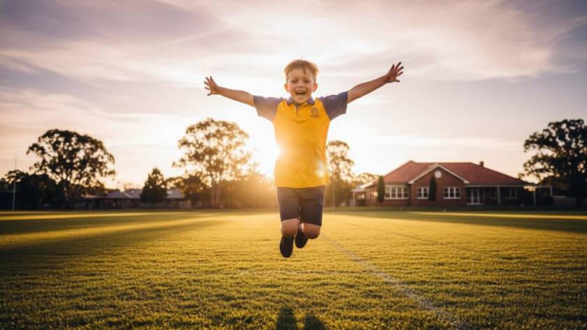 A vibrant, emotionally resonant photograph capturing an epic moment of joy and connection during authentic school photography Heatherdale Victoria, featuring a child's radiant smile against the backdrop of a sunny Heatherdale schoolyard, showcasing natural interaction and professional colour grading.