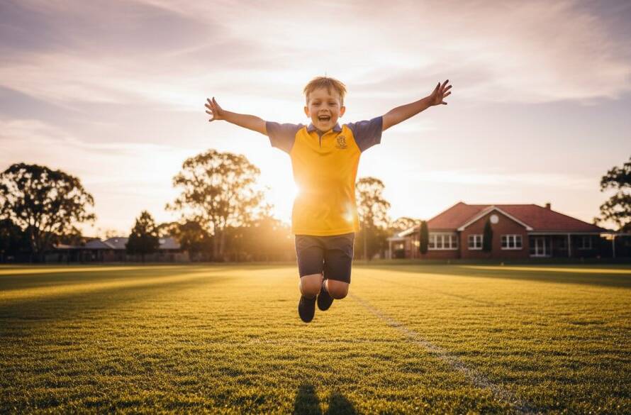A vibrant, emotionally resonant photograph capturing an epic moment of joy and connection during authentic school photography Heatherdale Victoria, featuring a child's radiant smile against the backdrop of a sunny Heatherdale schoolyard, showcasing natural interaction and professional colour grading.