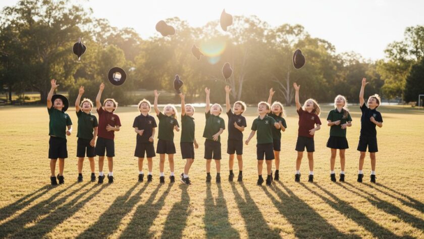 An authentic school photography Horsham Victoria image showing a group of diverse primary school students laughing joyfully while running across a sun-drenched oval with Horsham's iconic Wimmera River in the blurred background, captured with dramatic, golden hour light highlighting their genuine excitement.