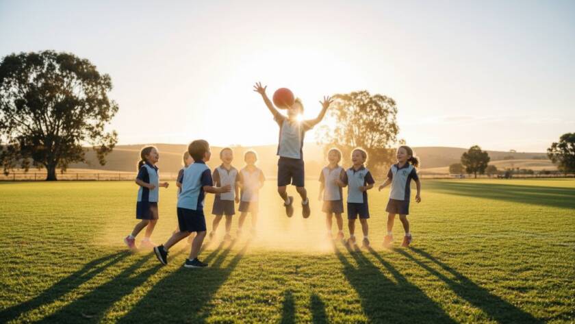 An epic moment captured in authentic school photography Lang Lang Victoria, showing a group of diverse primary school children laughing joyfully in a sun-drenched playground, with the iconic Lang Lang water tower subtly in the distant background, professionally colour-graded.