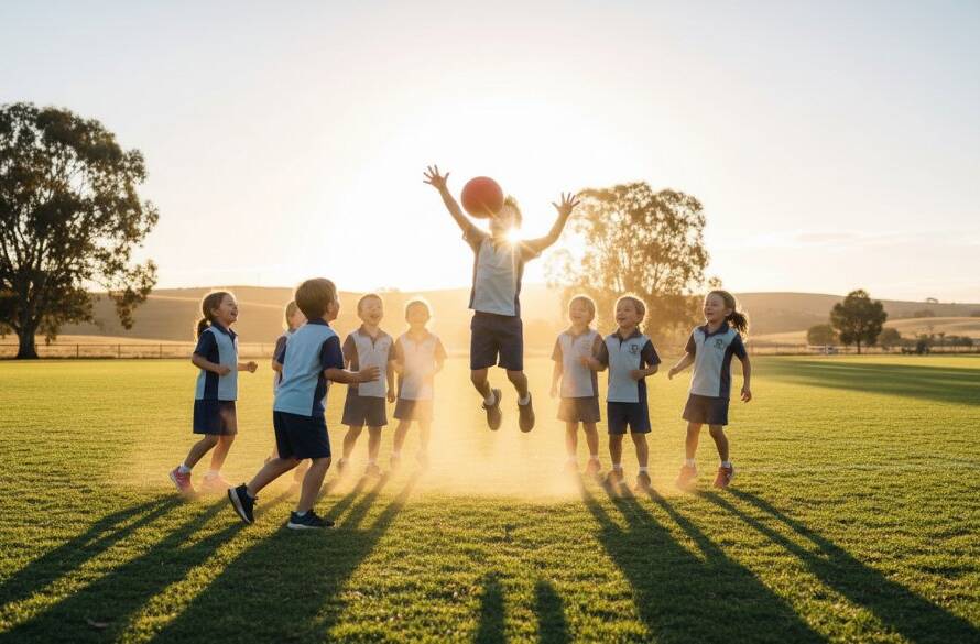 An epic moment captured in authentic school photography Lang Lang Victoria, showing a group of diverse primary school children laughing joyfully in a sun-drenched playground, with the iconic Lang Lang water tower subtly in the distant background, professionally colour-graded.