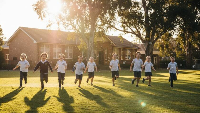 An authentic school photography Mentone capturing genuine smiles moment: a group of diverse primary school children laughing joyfully on the lush green oval of a Mentone school, bathed in warm afternoon sunlight, with a historic school building in the background. The scene captures pure, unposed happiness and community spirit, professionally color-graded.