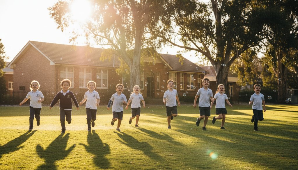 An authentic school photography Mentone capturing genuine smiles moment: a group of diverse primary school children laughing joyfully on the lush green oval of a Mentone school, bathed in warm afternoon sunlight, with a historic school building in the background. The scene captures pure, unposed happiness and community spirit, professionally color-graded.