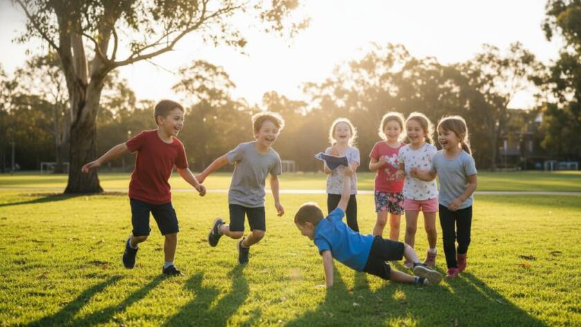 Epic moment captured with authentic school photography Noble Park North capturing real smiles, showing a group of diverse primary school children laughing joyfully during an outdoor sports day at a local Noble Park North park, sunlight streaming through trees, professionally color-graded.