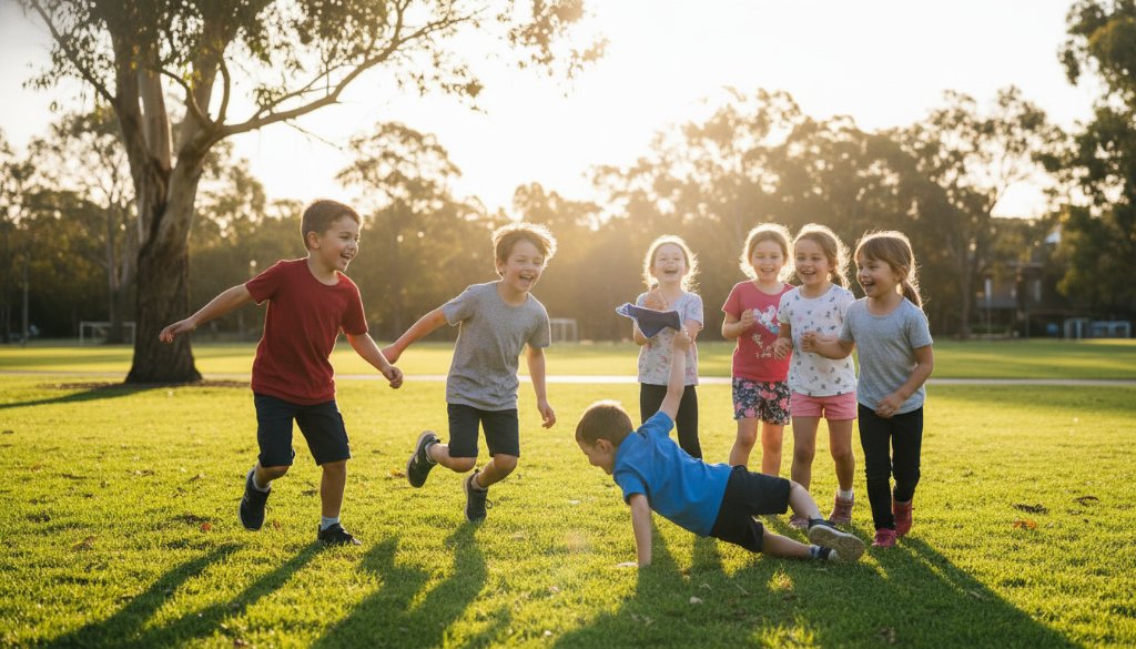 Epic moment captured with authentic school photography Noble Park North capturing real smiles, showing a group of diverse primary school children laughing joyfully during an outdoor sports day at a local Noble Park North park, sunlight streaming through trees, professionally color-graded.