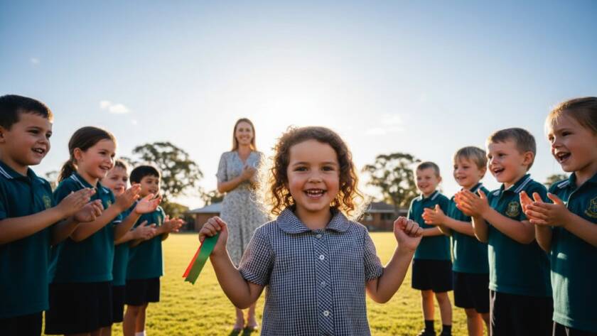 Children laughing joyfully on a sunny school oval in Notting Hill, Victoria, their smiles perfectly captured by authentic school photography Notting Hill Victoria, with professional lighting.