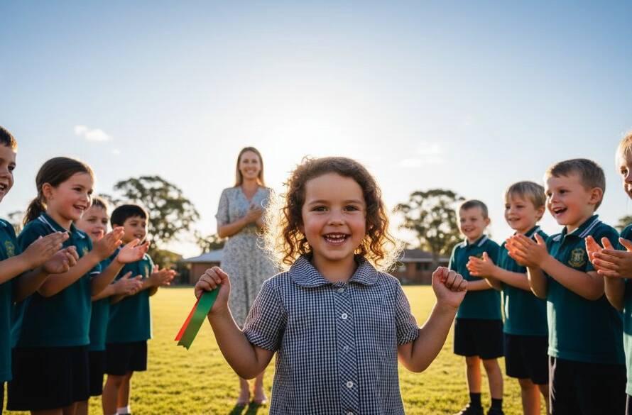 Children laughing joyfully on a sunny school oval in Notting Hill, Victoria, their smiles perfectly captured by authentic school photography Notting Hill Victoria, with professional lighting.