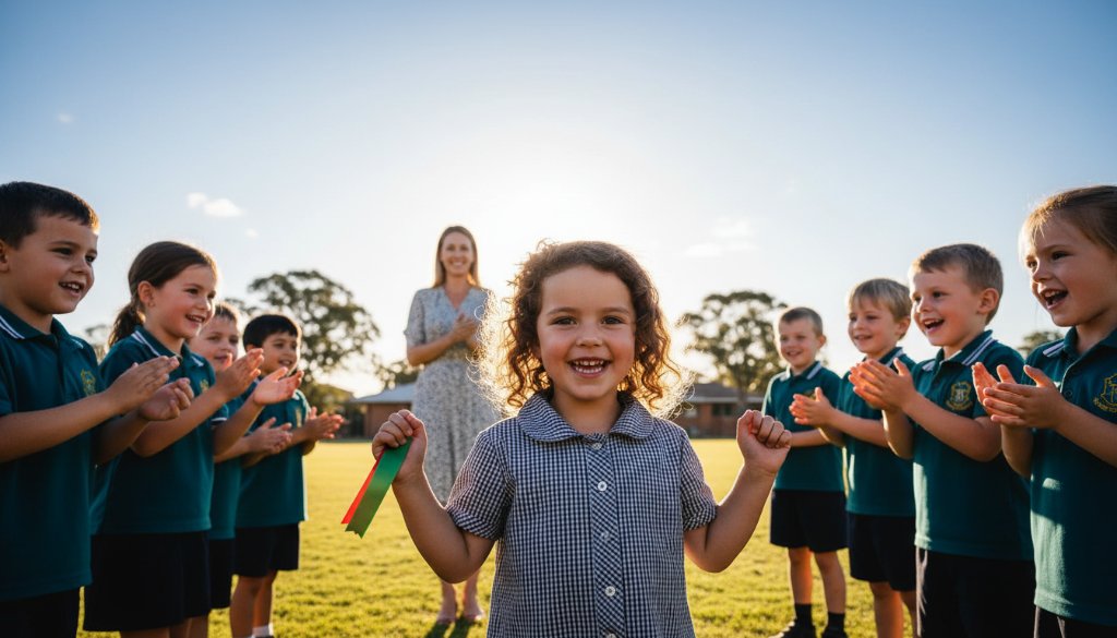 Children laughing joyfully on a sunny school oval in Notting Hill, Victoria, their smiles perfectly captured by authentic school photography Notting Hill Victoria, with professional lighting.