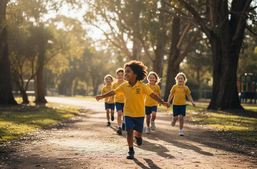 A vibrant, wide-angle shot of students laughing and interacting authentically on a sunny day in a picturesque Park Orchards schoolyard, capturing genuine smiles during authentic school photography in Park Orchards Victoria, with dramatic natural lighting.