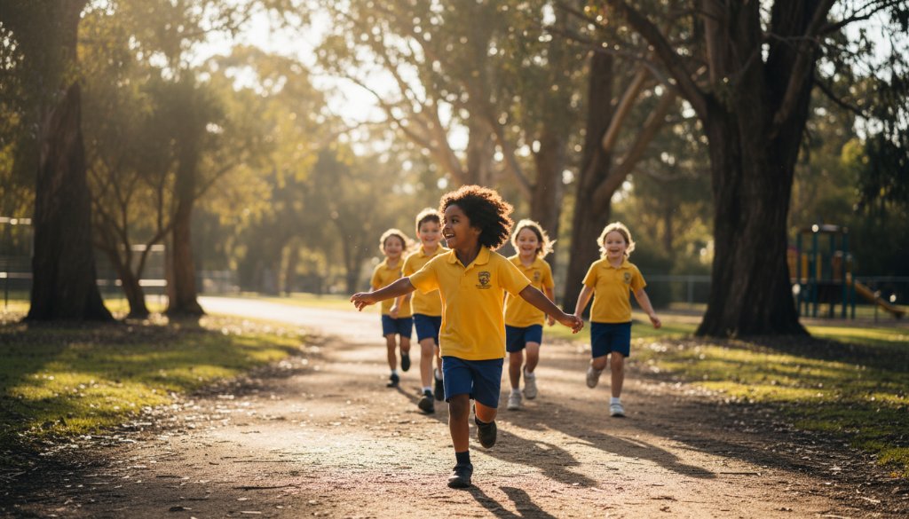 A vibrant, wide-angle shot of students laughing and interacting authentically on a sunny day in a picturesque Park Orchards schoolyard, capturing genuine smiles during authentic school photography in Park Orchards Victoria, with dramatic natural lighting.
