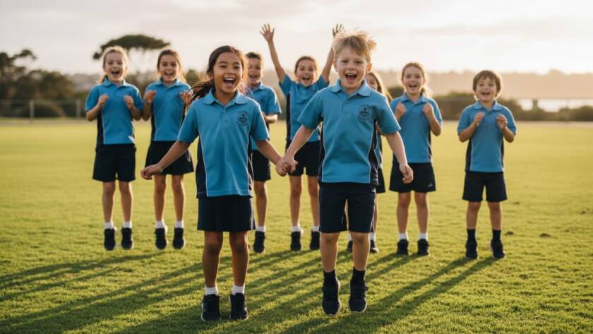 A candid, heartwarming photograph capturing the authentic school photography Point Cook Victoria capturing every student's spirit, featuring a diverse group of primary school children laughing joyfully together in the vibrant Point Cook coastal environment, perhaps near the RAAF Museum, with dramatic late afternoon sunlight highlighting their expressions and the dynamic energy of their friendships. The scene is professionally colour-graded with a warm, inviting glow, showcasing genuine connection and happiness.