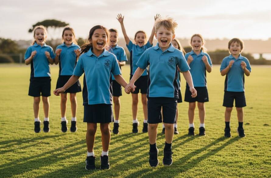 A candid, heartwarming photograph capturing the authentic school photography Point Cook Victoria capturing every student's spirit, featuring a diverse group of primary school children laughing joyfully together in the vibrant Point Cook coastal environment, perhaps near the RAAF Museum, with dramatic late afternoon sunlight highlighting their expressions and the dynamic energy of their friendships. The scene is professionally colour-graded with a warm, inviting glow, showcasing genuine connection and happiness.