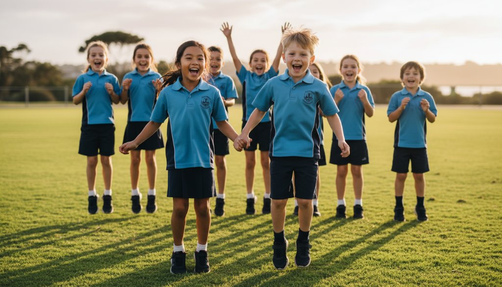 A candid, heartwarming photograph capturing the authentic school photography Point Cook Victoria capturing every student's spirit, featuring a diverse group of primary school children laughing joyfully together in the vibrant Point Cook coastal environment, perhaps near the RAAF Museum, with dramatic late afternoon sunlight highlighting their expressions and the dynamic energy of their friendships. The scene is professionally colour-graded with a warm, inviting glow, showcasing genuine connection and happiness.