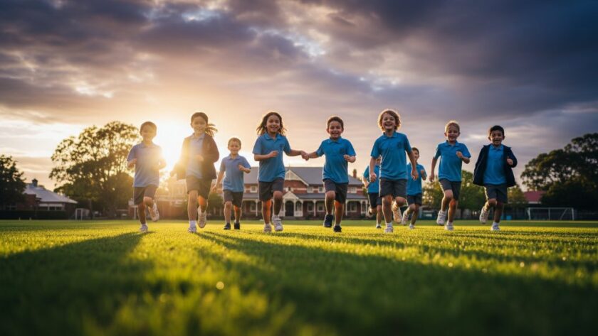 A heartwarming, professionally colour-graded photograph of a group of excited primary school children in Seymour, Victoria, laughing and celebrating a school event outdoors, bathed in golden hour sunlight, showcasing authentic school photography Seymour Victoria with dramatic, cinematic lighting.