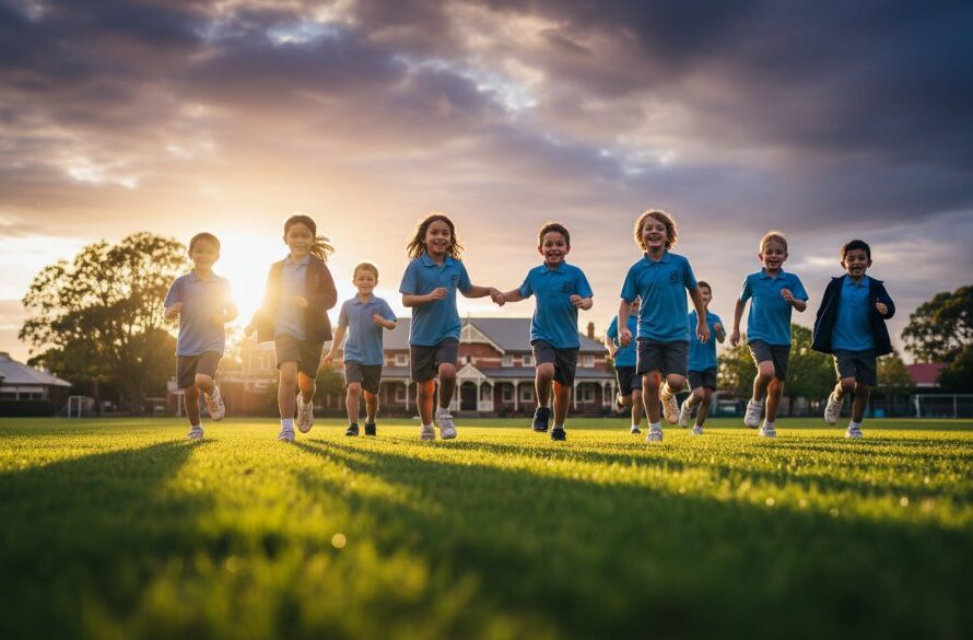 A heartwarming, professionally colour-graded photograph of a group of excited primary school children in Seymour, Victoria, laughing and celebrating a school event outdoors, bathed in golden hour sunlight, showcasing authentic school photography Seymour Victoria with dramatic, cinematic lighting.