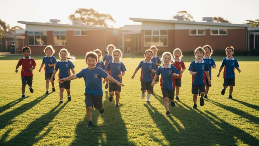 A vibrant and heartwarming scene of a diverse group of primary school children in Sunshine, Victoria, laughing and interacting joyfully on a sunny school oval, perfectly illustrating authentic school photography Sunshine Victoria with professional, dramatic lighting.