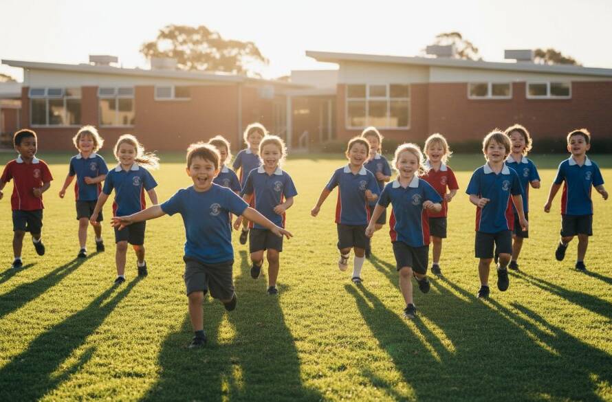 A vibrant and heartwarming scene of a diverse group of primary school children in Sunshine, Victoria, laughing and interacting joyfully on a sunny school oval, perfectly illustrating authentic school photography Sunshine Victoria with professional, dramatic lighting.