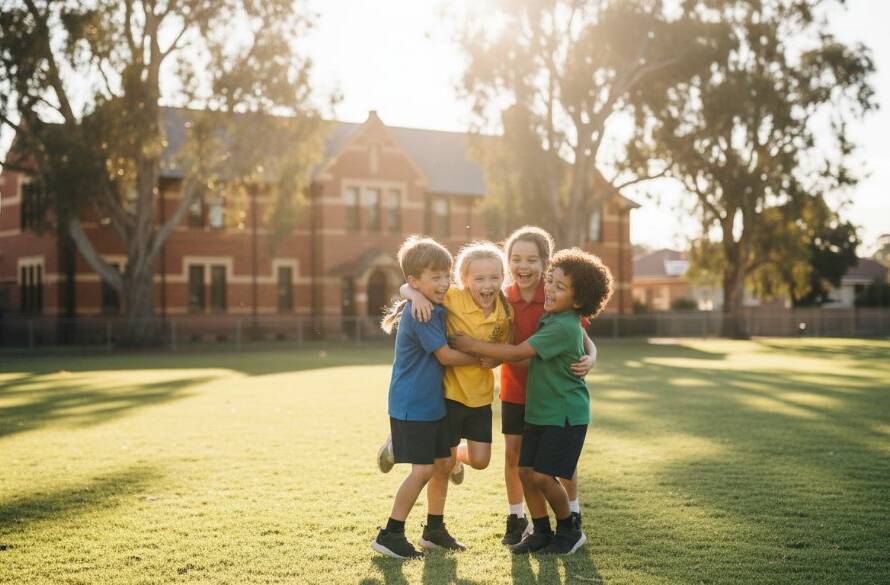 An epic moment captured during authentic school photography Templestowe primary, showing a group of diverse primary school children laughing joyfully together on a sunny school oval, with a historic school building in the background, dramatic golden hour lighting, and professional colour grading.
