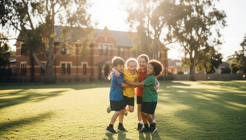 An epic moment captured during authentic school photography Templestowe primary, showing a group of diverse primary school children laughing joyfully together on a sunny school oval, with a historic school building in the background, dramatic golden hour lighting, and professional colour grading.