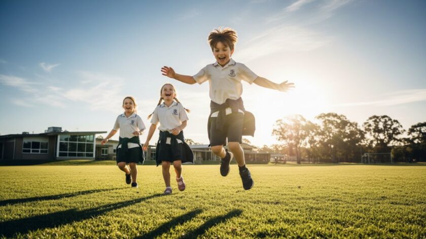 An emotionally resonant, wide-angle photograph capturing the Authentic School Photography Waurn Ponds Capturing Joy in students running and laughing on a sunny school oval near Deakin University, Waurn Ponds, with dramatic lens flare and professional colour grading.