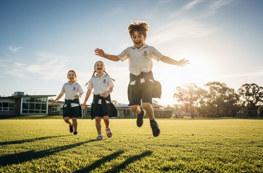 An emotionally resonant, wide-angle photograph capturing the Authentic School Photography Waurn Ponds Capturing Joy in students running and laughing on a sunny school oval near Deakin University, Waurn Ponds, with dramatic lens flare and professional colour grading.