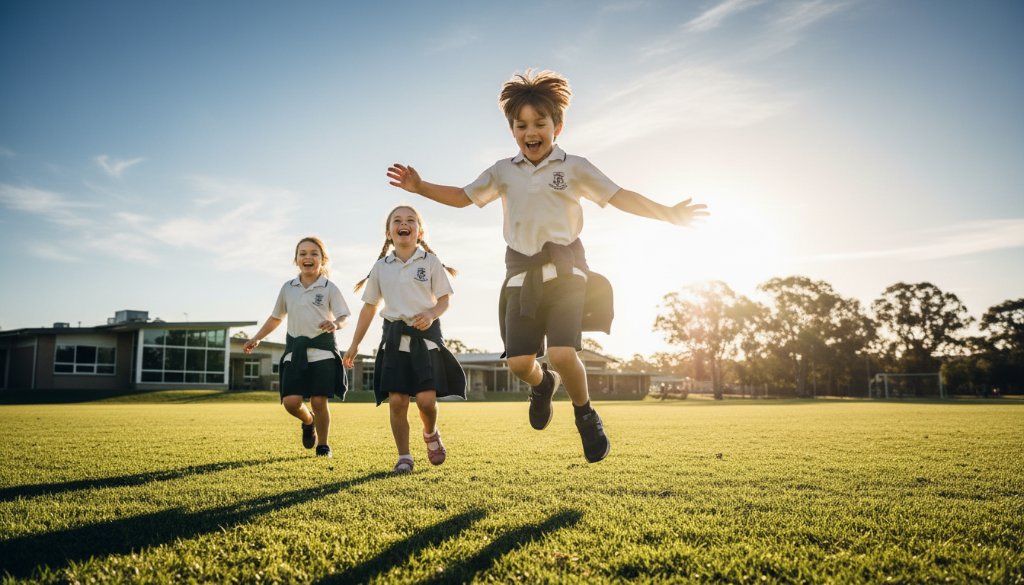 An emotionally resonant, wide-angle photograph capturing the Authentic School Photography Waurn Ponds Capturing Joy in students running and laughing on a sunny school oval near Deakin University, Waurn Ponds, with dramatic lens flare and professional colour grading.
