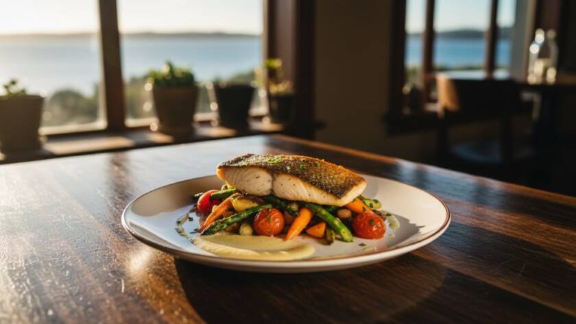 A vibrant, high-angle shot showcasing authentic Seabrook food photography for local cafes, featuring a beautifully plated dish of local seafood pasta with fresh herbs, dramatically lit by natural window light in a charming Seabrook cafe, capturing an epic moment of culinary artistry and taste.