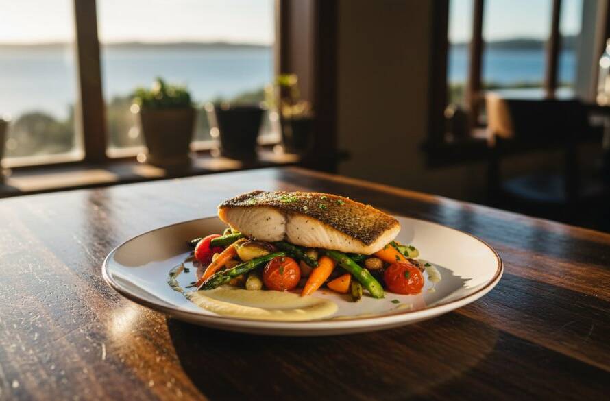 A vibrant, high-angle shot showcasing authentic Seabrook food photography for local cafes, featuring a beautifully plated dish of local seafood pasta with fresh herbs, dramatically lit by natural window light in a charming Seabrook cafe, capturing an epic moment of culinary artistry and taste.