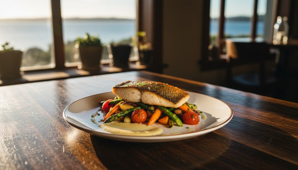 A vibrant, high-angle shot showcasing authentic Seabrook food photography for local cafes, featuring a beautifully plated dish of local seafood pasta with fresh herbs, dramatically lit by natural window light in a charming Seabrook cafe, capturing an epic moment of culinary artistry and taste.