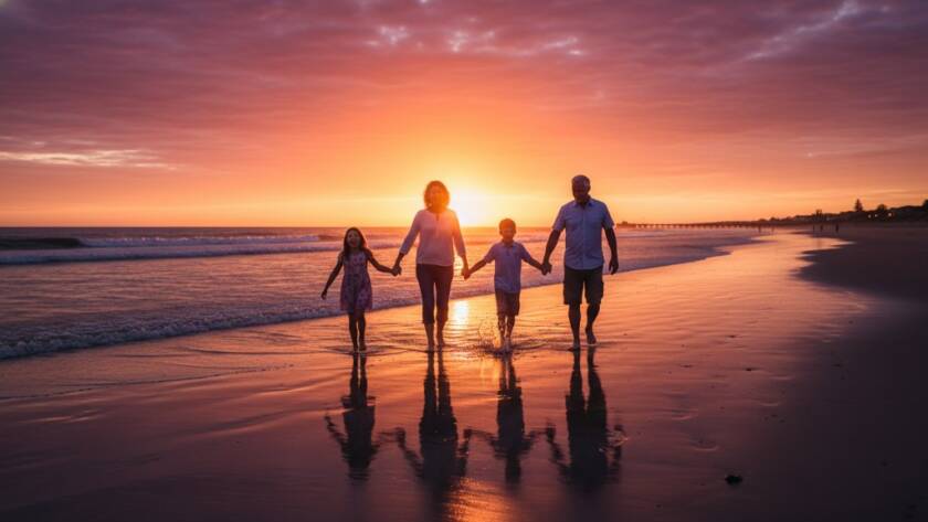 An authentic Seaford family photography sunset session showing a family silhouetted against a vibrant orange and purple sunset on Seaford Beach, with children laughing and playing, captured in a professional, cinematic style.