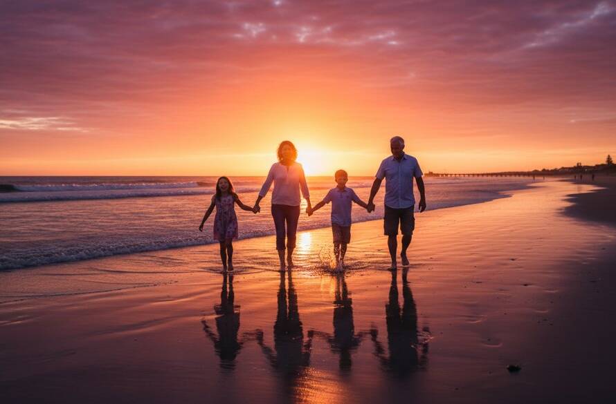 An authentic Seaford family photography sunset session showing a family silhouetted against a vibrant orange and purple sunset on Seaford Beach, with children laughing and playing, captured in a professional, cinematic style.