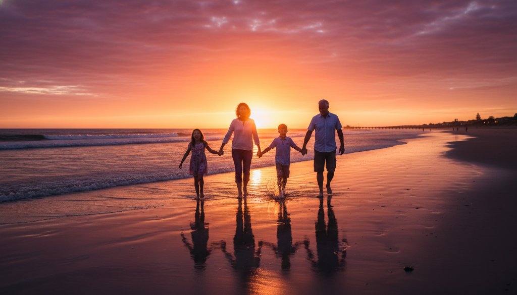 An authentic Seaford family photography sunset session showing a family silhouetted against a vibrant orange and purple sunset on Seaford Beach, with children laughing and playing, captured in a professional, cinematic style.