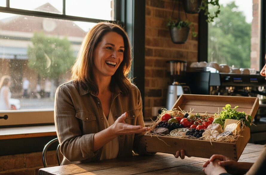 Dynamic portrait of a confident Shepparton business owner, smiling genuinely amidst a modern cafe setting, captured with warm, natural light for authentic Shepparton business branding photography.