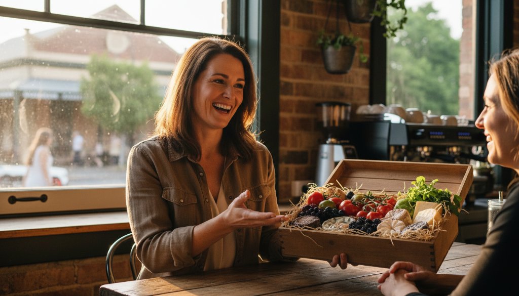 Dynamic portrait of a confident Shepparton business owner, smiling genuinely amidst a modern cafe setting, captured with warm, natural light for authentic Shepparton business branding photography.