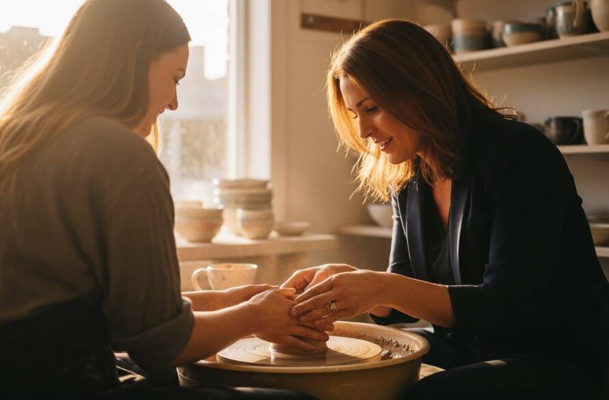 An epic moment captured: a vibrant small business owner, radiating confidence and creativity, smiling genuinely while interacting with a customer inside their beautifully branded artisanal shop in Chelsea Heights, afternoon sun streaming through a window, highlighting their products with a warm glow. Shot with professional dramatic lighting and rich colour grading, embodying authentic small business branding photography Chelsea Heights.