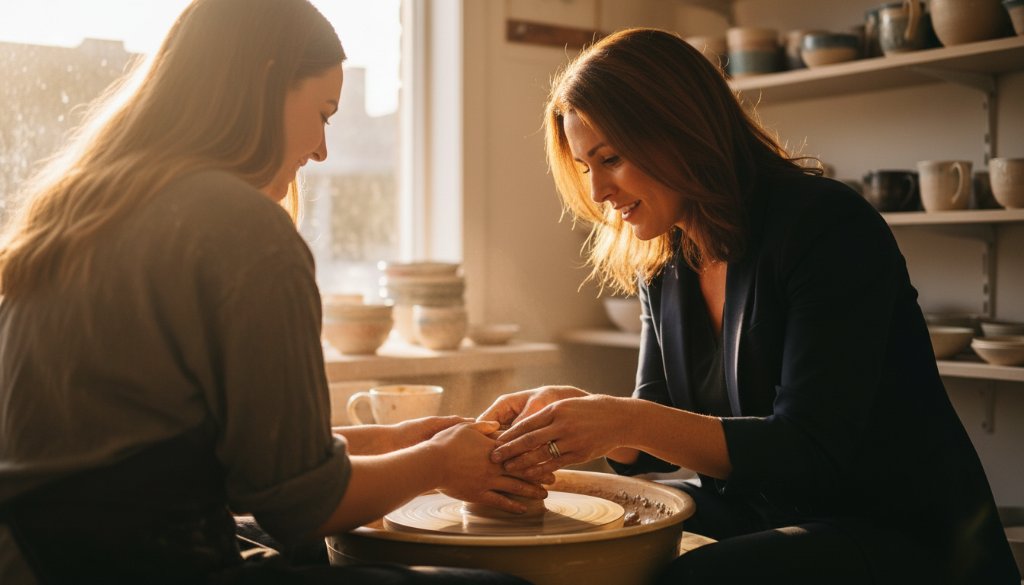 An epic moment captured: a vibrant small business owner, radiating confidence and creativity, smiling genuinely while interacting with a customer inside their beautifully branded artisanal shop in Chelsea Heights, afternoon sun streaming through a window, highlighting their products with a warm glow. Shot with professional dramatic lighting and rich colour grading, embodying authentic small business branding photography Chelsea Heights.