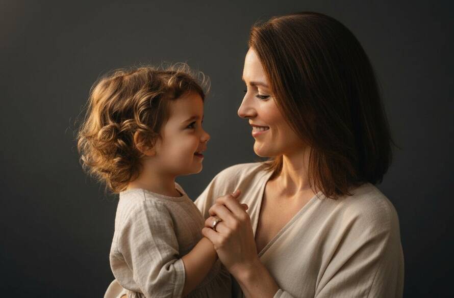 An emotionally charged, professionally colour-graded photograph showcasing authentic studio portrait photography for South Kingsville families, with a mother and child sharing a tender embrace under dramatic, soft studio lighting, highlighting their genuine connection and love. The composition is cinematic and evokes a timeless, cherished memory.