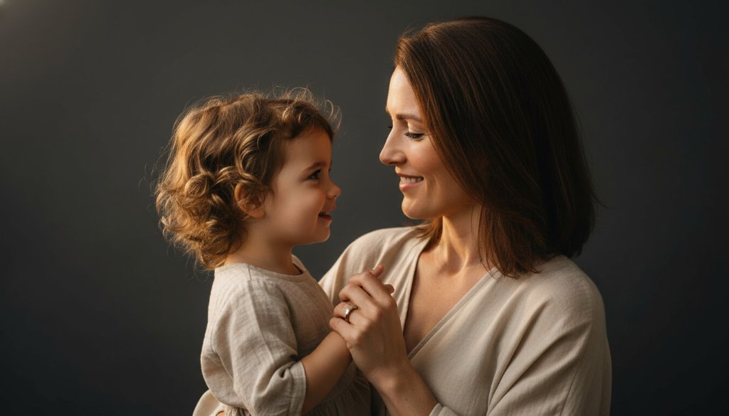 An emotionally charged, professionally colour-graded photograph showcasing authentic studio portrait photography for South Kingsville families, with a mother and child sharing a tender embrace under dramatic, soft studio lighting, highlighting their genuine connection and love. The composition is cinematic and evokes a timeless, cherished memory.
