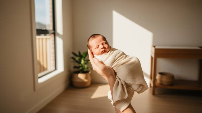A tender, cinematic wide shot capturing authentic Tarneit newborn photography sessions, featuring a sleeping baby swaddled in soft organic fabric, gently cradled in parents' hands, bathed in warm, ethereal window light in a cosy Tarneit home setting, evoking pure love and serenity, professional colour grading.