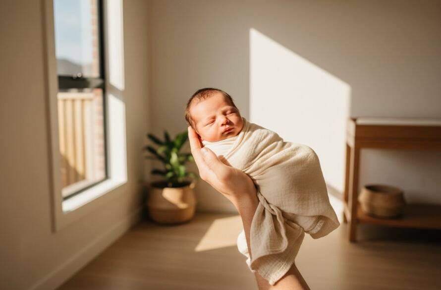A tender, cinematic wide shot capturing authentic Tarneit newborn photography sessions, featuring a sleeping baby swaddled in soft organic fabric, gently cradled in parents' hands, bathed in warm, ethereal window light in a cosy Tarneit home setting, evoking pure love and serenity, professional colour grading.
