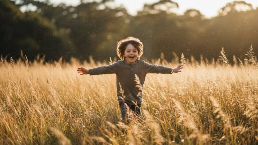 An authentic Templestowe Lower kids photography preserving precious moments, capturing a child's joyful laugh as they run through golden afternoon light in a local park, vibrant and full of life.