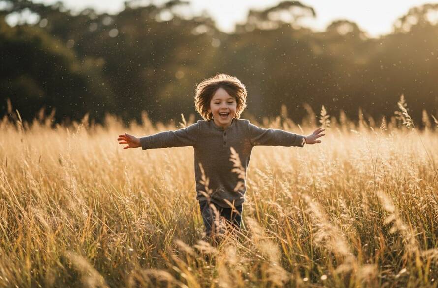 An authentic Templestowe Lower kids photography preserving precious moments, capturing a child's joyful laugh as they run through golden afternoon light in a local park, vibrant and full of life.