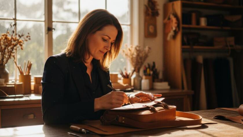 Dynamic and authentic Upper Ferntree Gully branding photography for local entrepreneurs, capturing a local artisan passionately crafting bespoke jewellery at a workbench, with warm, dramatic backlighting highlighting her focus and the intricate details of her work, set against the rustic charm of an Upper Ferntree Gully studio.