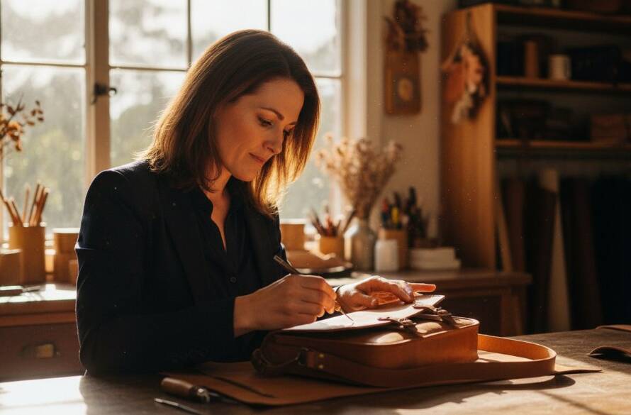 Dynamic and authentic Upper Ferntree Gully branding photography for local entrepreneurs, capturing a local artisan passionately crafting bespoke jewellery at a workbench, with warm, dramatic backlighting highlighting her focus and the intricate details of her work, set against the rustic charm of an Upper Ferntree Gully studio.