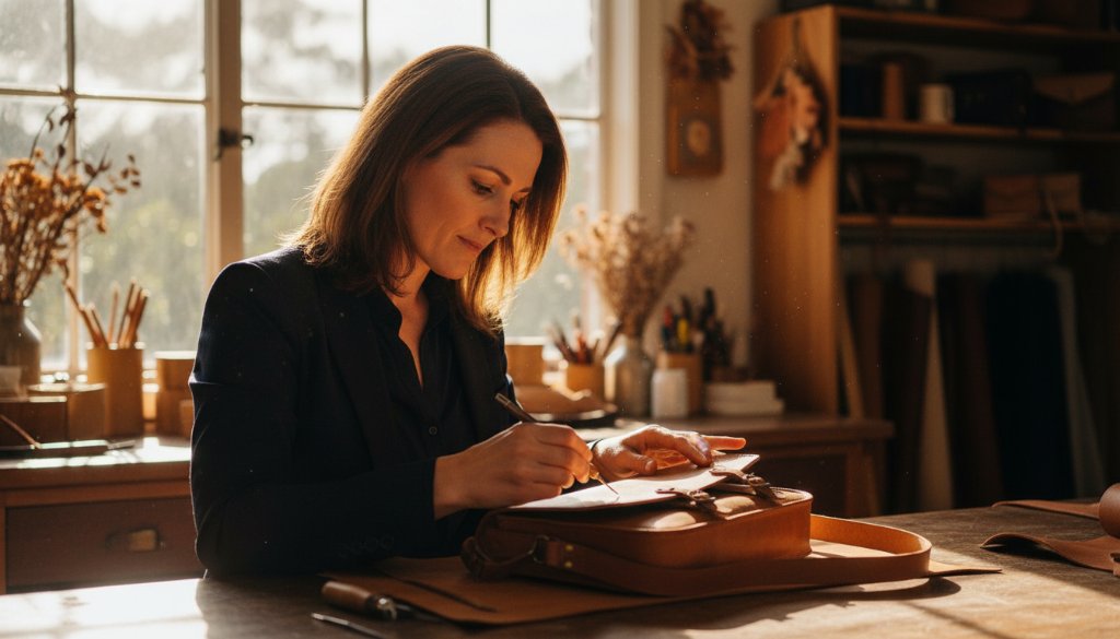 Dynamic and authentic Upper Ferntree Gully branding photography for local entrepreneurs, capturing a local artisan passionately crafting bespoke jewellery at a workbench, with warm, dramatic backlighting highlighting her focus and the intricate details of her work, set against the rustic charm of an Upper Ferntree Gully studio.