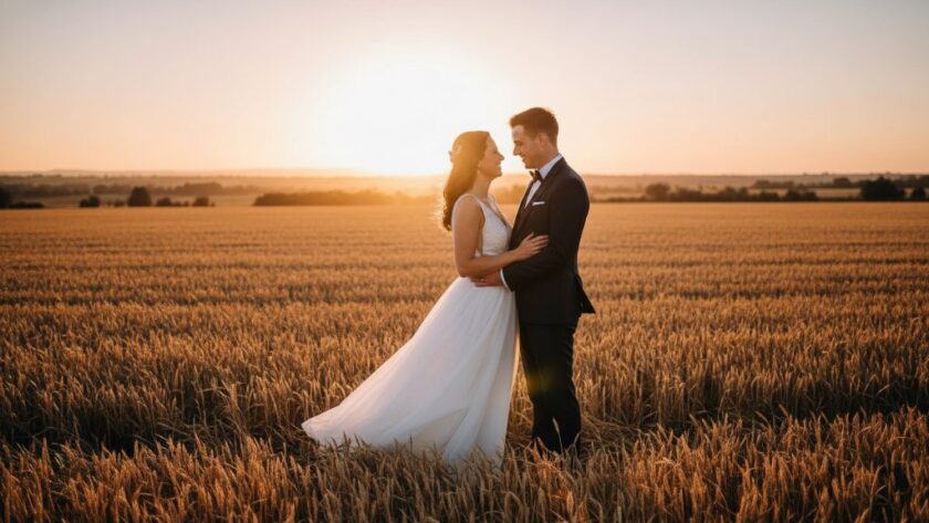 A newly married couple shares a tender, intimate moment at sunset in a sprawling Wallan rural landscape, bathed in golden hour light, captured by authentic Wallan Victoria wedding photography, evoking romance and serenity.