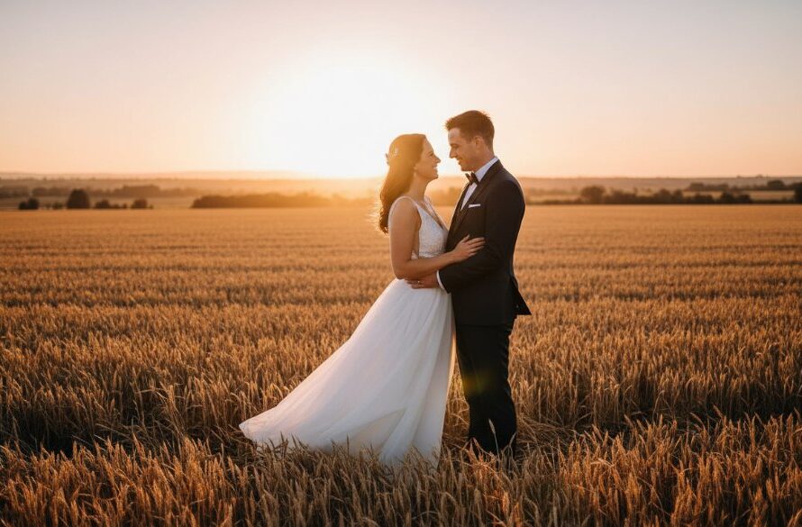 A newly married couple shares a tender, intimate moment at sunset in a sprawling Wallan rural landscape, bathed in golden hour light, captured by authentic Wallan Victoria wedding photography, evoking romance and serenity.